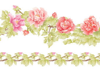 Peony tree branch with flowers in the style of Chinese painting on silk Seamless pattern, background. Colored vector illustration. 
