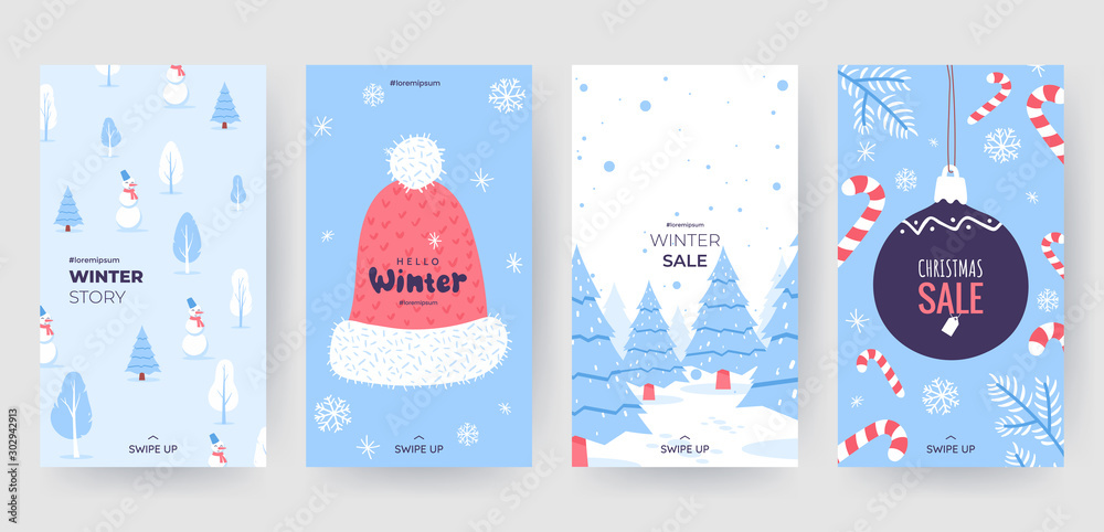 Colorful christmas banners with cute winter illustrations. Set of winter social media stories template. Background collection with place for text. Use for event invitation, promo, ad. Vector eps 10 - obrazy, fototapety, plakaty 
