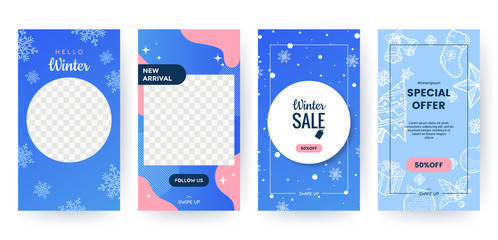 Wall Mural - set of winter social media stories. blue winter banners with falling snowflakes and christmas elemen