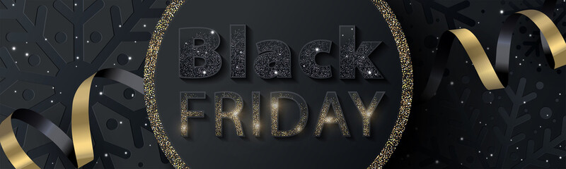 Black Friday Sale banner or flyer design with sparkling black and gold inscription on a textured background with a pattern of black snowflakes. Winter holidays design template for social, fashion ads