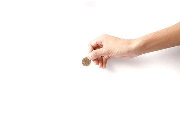 coins in hand euro coins are being filed with the hand of women change coin gold finance on the white background