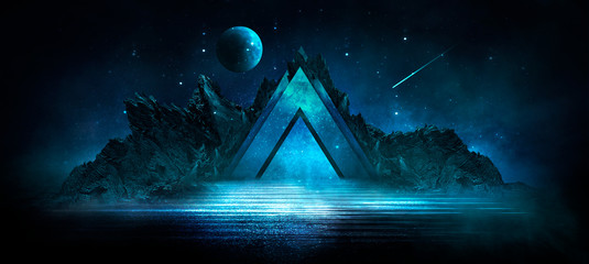 Futuristic night landscape with abstract landscape and island, moonlight, shine. Dark natural scene with reflection of light in the water, neon blue light. Dark neon circle background. 3D illustration