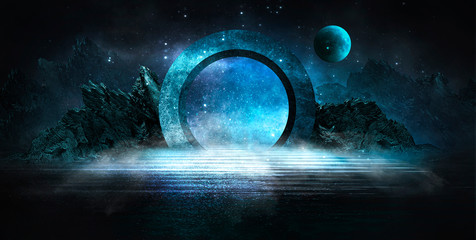 Futuristic night landscape with abstract landscape and island, moonlight, shine. Dark natural scene with reflection of light in the water, neon blue light. Dark neon circle background. 3D illustration