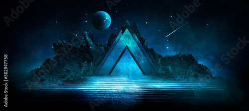 Fotografía Futuristic night landscape with abstract landscape and island, moonlight, shine