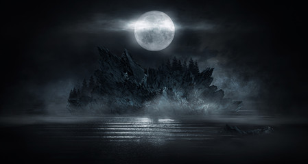 Wall Mural - futuristic night landscape with abstract landscape and island, moonlight, shine. dark natural scene 