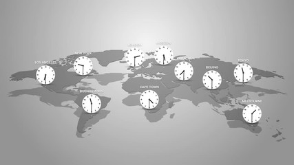 Wall Mural - concept of time zones on planet earth with selected big cities and clock