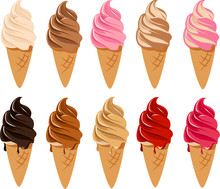 Vector Illustration Of Various Kinds Of Soft Serve Ice Cream In Sugar Cones With Toppings, Sprinkles And Sauces