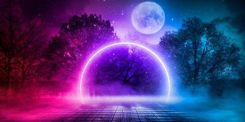 night landscape, dark forest, river. night sky, mountains. reflection in the water of moonlight. dar