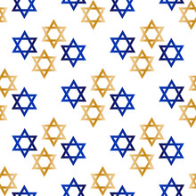 Seamless Pattern With Gold And Blue Star Of David. Template For Background, Banner, Card, Poster, Web, Textile. Vector EPS10 Illustration.