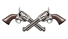 Hand Drawn Revolvers Vector Illustration. Crossbones Guns. Vintage Illustration.