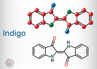 Sticker - Indigo molecule. It is natural dye with a distinctive blue color. Structural chemical formula and molecule model. Sheet of paper in a cage