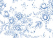 © Elen  Lane - Roses and spring flowers seamless pattern. Graphic drawing, engraving style. Vector illustration.