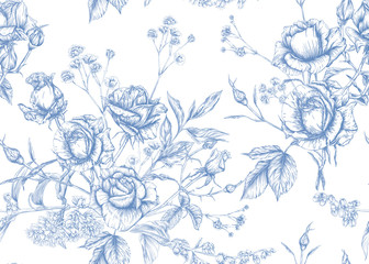 Roses and spring flowers seamless pattern. Graphic drawing, engraving style. Vector illustration.