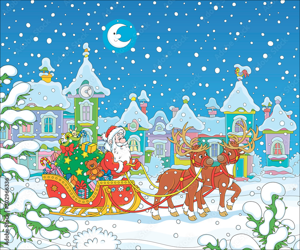 Santa Claus with a big bag of holiday gifts in his celebratory ...