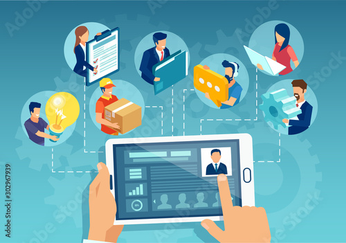 Fotografía Vector of a leader businessman holding a tablet showing analytics and managing t