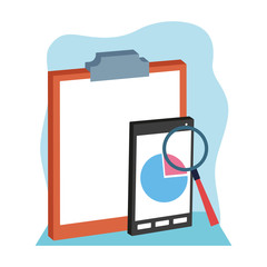 Poster - clipboard with smartphone and magnifying glass, flat design