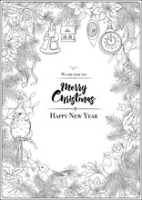 Merry Christmas And Happy New Year Card, Banner With Traditional Winter Plants And Birds, Decoration, Ribbon. Coloring Page For The Adult Coloring Book. Outline Hand Drawing Vector Illustration..