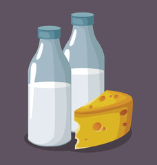 Poster - milk bottles and piece of cheese