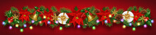 Christmas Border Decorations Garland With Fir Branches, Christmas Flowers Poinsettia, Golden Bells, Holly Berries And Gifts Boxes. Design Element For Xmas And New Year Card On Red Background.
