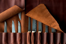 designer knives in a leather case