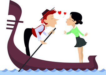 Canvas Print - Man, woman, love, heart symbols and gondola illustration. Funny gondolier and woman fall in love and ride on gondola isolated on white isolated illustration