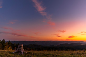 Colorful time-lapse sunset with old abandoned tree trunk and main subject colorful sky with orange and blue colors sunset captured in high mountains Beskydy area Czech Republic.