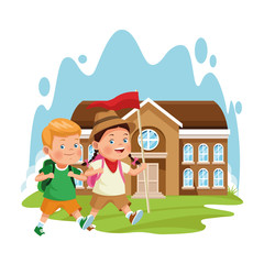 Poster - explorer girl and boy at school building