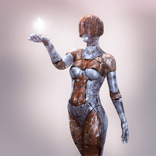Dirty Punk Female Robot Holding A Light Source In Her Hand
