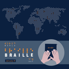 creative banner/poster/ad/awareness campaign for world braille day on january 4. world map in the fo