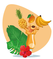 Poster - tropical leaves and flower with tropical fruits falling and juice splashing