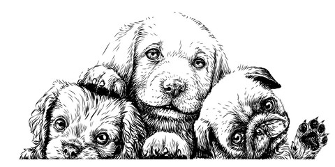 Wall Mural - puppies. cavalier king charles spaniel, labrador and pug sketch wall sticker on a white background.