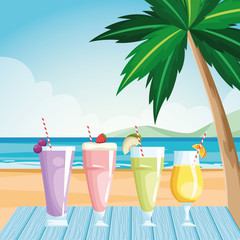 Sticker - glasses with fruits juices at table on the beach, colorful design