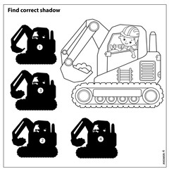 Wall Mural - Puzzle Game for kids. Find correct shadow. Crawler excavator. Construction vehicles. Coloring book for children.