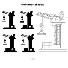 Wall Mural - Puzzle Game for kids. Find correct shadow. Elevating crane. Construction vehicles. Coloring book for children.