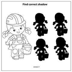 Wall Mural - Puzzle Game for kids. Find correct shadow. Builder girl with cement mortar and trowel. Profession. Coloring book for children.