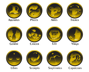 Wall Mural - Set of twelve signs of the zodiac on the background of gold circles. Prediction of the future. Vector illustration. Isolated on white background