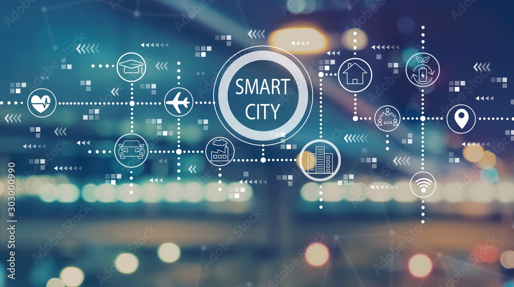 Smart city concept with blurred city abstract lights background - obrazy, fototapety, plakaty 