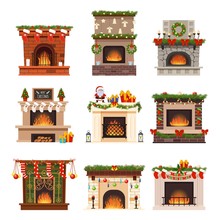 Fireplace Vector Warm Fire Place Decor Socks, Santa, Gifts On Christmas Celebration. Illustration Decoration Set Of Burning Firewood On Xmas Holiday In Winter Isolated On White Background