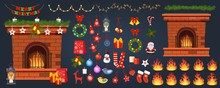 Fireplace Decor Vector Warm Fire Place Decoration Garland, Socks, Santa And Gifts On Christmas Celebration. Illustration Set Of Burning Firewood And Glowing Fire On Xmas Isolated On Background
