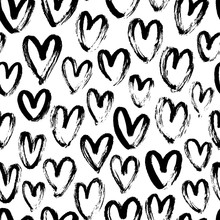 Heart Seamless Pattern. Black And White Ink Brush Hearts Hand Drawn Ornament. Romantic Figures Vector Illustration.
