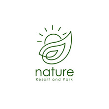 Nature Resort And Park Logo With Sunlight Leaf Or Leaves Mono Line Shape. Sign Symbol For Restaurant, Garden, Health Care, Beauty And Herbal Organic Agency. Vector Illustration. 
