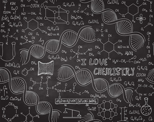 Wall Mural - Chemistry educational vector seamless pattern with handwritten formulas, dna strands and the words 