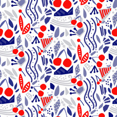 Creative seamless pattern with red cherry, leaves, various geometric shapes on white background. Fruit repeated background. Vector abstract bright print for fabric, posters or wallpaper.