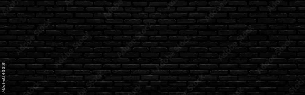 Abstract black brick wall texture for background or wallpaper design. panorama picture. - obrazy, fototapety, plakaty 