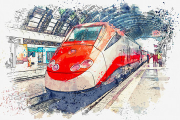 Illustration or watercolor sketch of a modern train at a railway station or at a subway station.