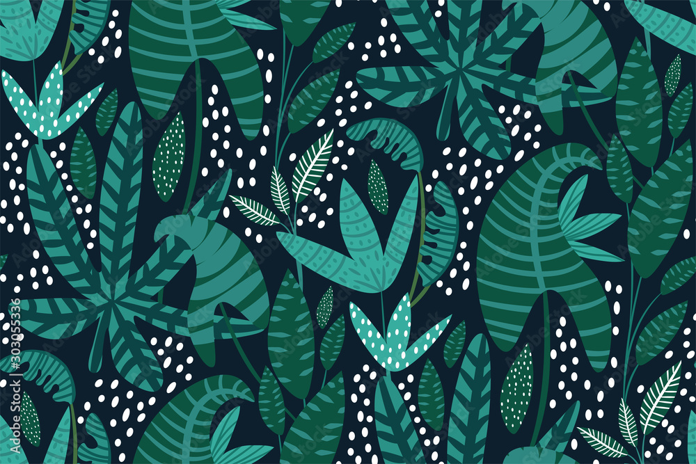 Exotic and tropical leafs plants pattern in hand-drawn style. Seamless floral print. Creative Botanical design with green jungle leaves on dark background. Vector illustration. - obrazy, fototapety, plakaty 