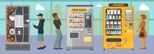 Vending Machines With Different Food And Drinks Vector Illustration. People Choosing Various Snacks Beverages Coffee Crackers Cookie Hamburger From Indoors Automats.