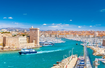 Wall Mural - Saint Jean Castle and Cathedral de la Major and the Vieux port in Marseille, France
