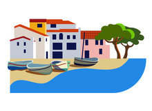Mediterranean Landscape With Town And Boats Flat Style Vector Illustration