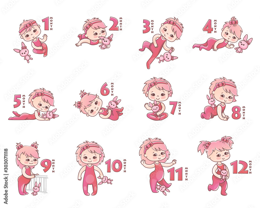 Set of girls. Growth stages from 1 month to 1 year. Little baby girl ...